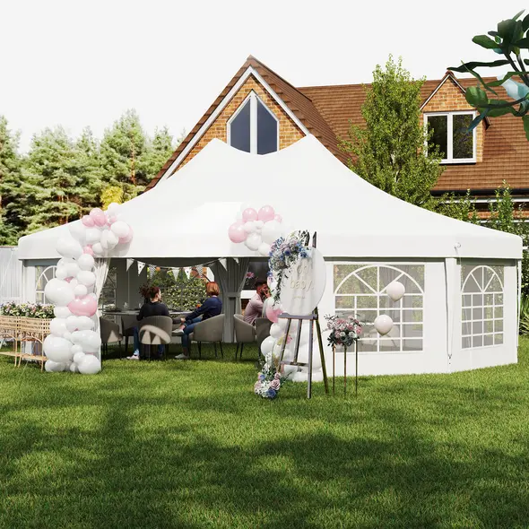 Outsunny 10 Sides Decagonal Garden Gazebo Marquee Party Tent Wedding Canopy Outdoor Heavy Duty Metal Frame (8.9m x 6.5m) - White - 8