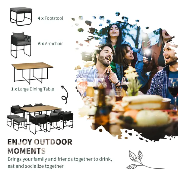 Outsunny 10 Seater Rattan Cube Garden Furniture Set, Rattan Dining Set with Cushions, Outdoor Dining Table and Chairs with 6 Armchairs, 4 Stools, Rectangular Wood Grain Plastic Top Table, Black - 4