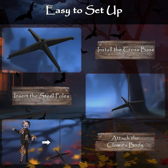 Outsunny 183 cm Life Size Halloween Animated Clown & Skull Staff with Red Light Up Eyes, Sound Activated Moving Arms & Head, Scary Clown Halloween Decorations, Battery Operated, Indoor Party Props - 7