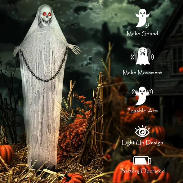 Outsunny 183 cm Life Size Halloween Animated Skeleton Grim Reaper with Glowing LED Eyes, Scary Halloween Decorations, Battery Operated, Indoor Party Props - 6