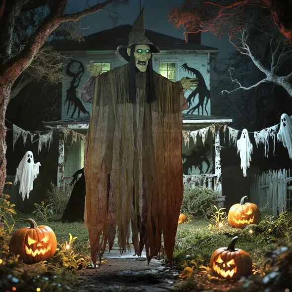 Outsunny 170 cm Life Size Hanging Halloween Animated Witch with Glowing LED Eyes, Spooky Witch Scary Halloween Decorations, Battery Operated, Indoor Party Props - 2