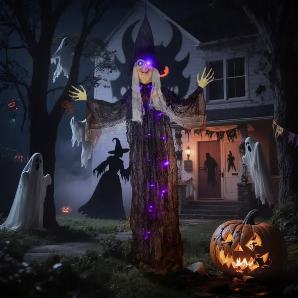 Outsunny 183 cm Life Size Halloween Animated Hanging Witch with Glowing LED Eyes & Body, Spooky Witch Scary Halloween Decorations, Battery Operated, Indoor Party Props - 2