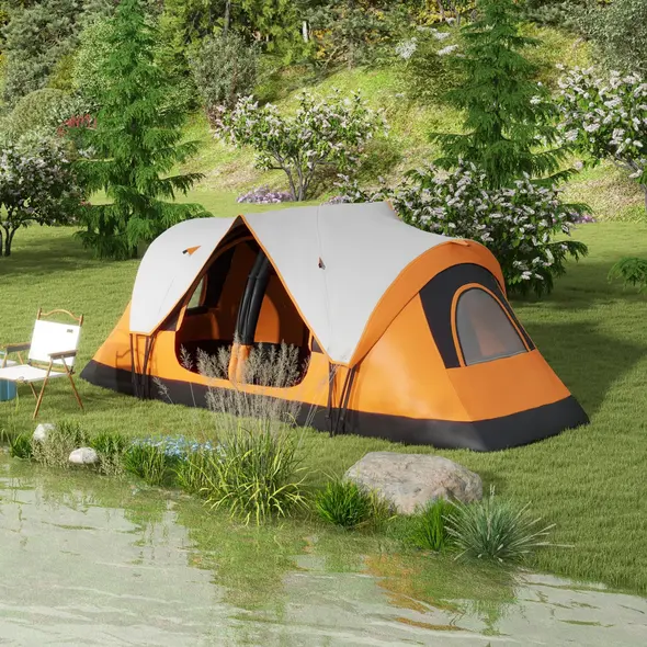 Outsunny 2 Bedroom Tent Six-man Seates Family Camping for Outdoor Adventure, Orange - 2