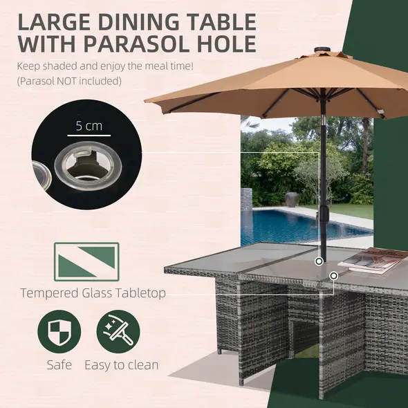 Outsunny 10 Seater Rattan Cube Garden Furniture Set with Parasol Hole, Rattan Dining Set with Cushions, Outdoor Dining Table and Chairs with Rectangular Glass Top Table for Patio, Mixed Grey - 5
