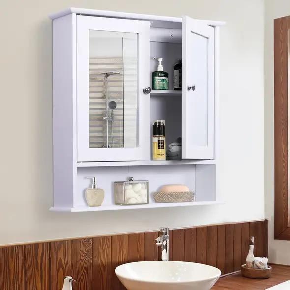 kleankin Wall-mounted Bathroom Cabinet Mirror Door Organiser Storage Shelves Living Room White - 2
