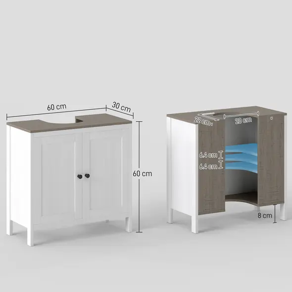 kleankin Modern Bathroom Sink Cabinet, Floor Standing Under Sink Cabinet, Freestanding Storage Cupboard with Adjustable Shelf, Double Doors, Antique White - 3