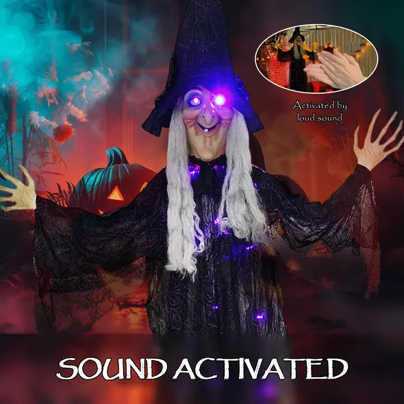 Outsunny 183 cm Life Size Halloween Animated Hanging Witch with Glowing LED Eyes & Body, Spooky Witch Scary Halloween Decorations, Battery Operated, Indoor Party Props - 6