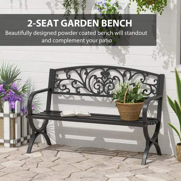 Outsunny 127L x 60W x 85H cm Powder Coated Garden Bench for Patio Backyard, Steel-Black - 4