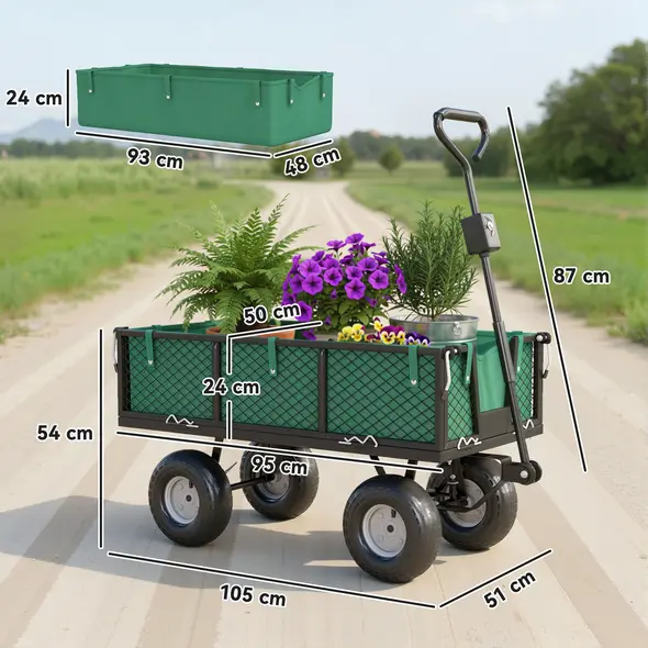 Outsunny 114L Steel Frame Garden Cart Trolley - Green - 3