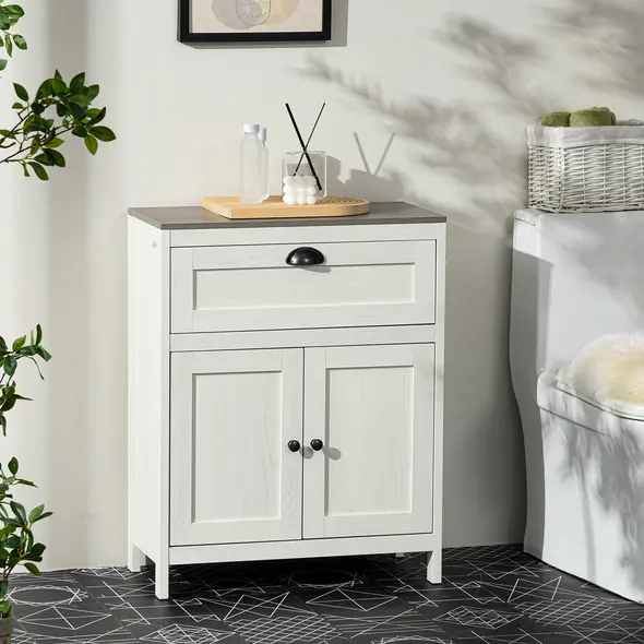 kleankin Bathroom Floor Cabinet, Freestanding Storage Cupboard with Drawer, Double Door Cabinet and Adjustable Shelf, White - 2
