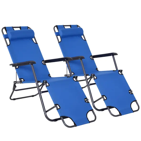 Outsunny 2 in 1 Folding Sun Lounger Reclining Garden Chair Set of 2 with 2-Level Adjustable Backrest, Outdoor Zero Gravity Recliner Garden Chairs with Head Pillow and Armrests, Blue - 1