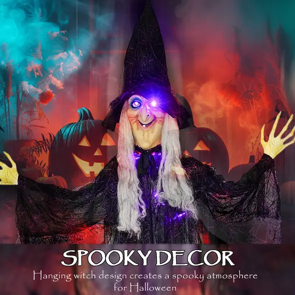 Outsunny 183 cm Life Size Halloween Animated Hanging Witch with Glowing LED Eyes & Body, Spooky Witch Scary Halloween Decorations, Battery Operated, Indoor Party Props - 4