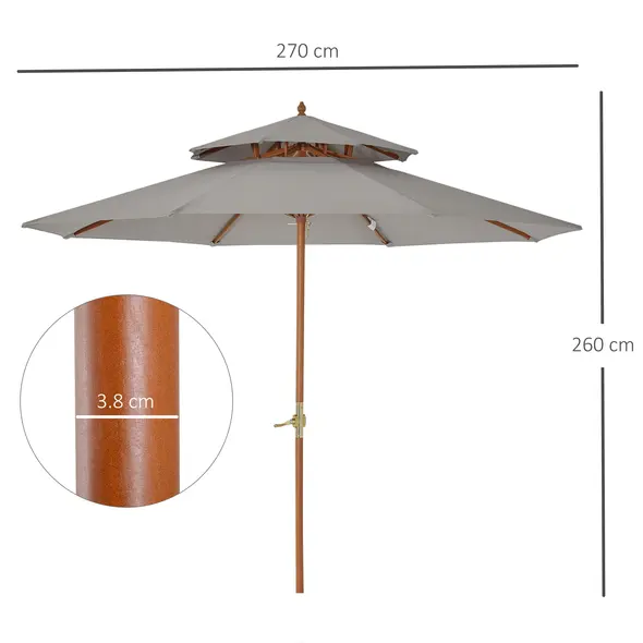 Outsunny 2.7m Elegant Wooden Frame Parasol Umbrella - Grey - 3
