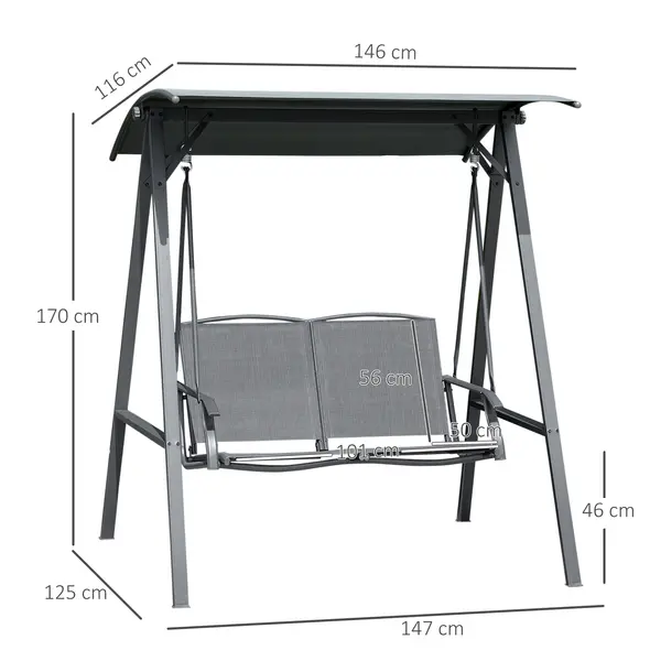 Outsunny 2 Seater Garden Swing Seat Swing Chair, Outdoor Canopy Swing Bench with Adjustable Shade, Metal Frame and Texteline Seat, Dark Grey - 3