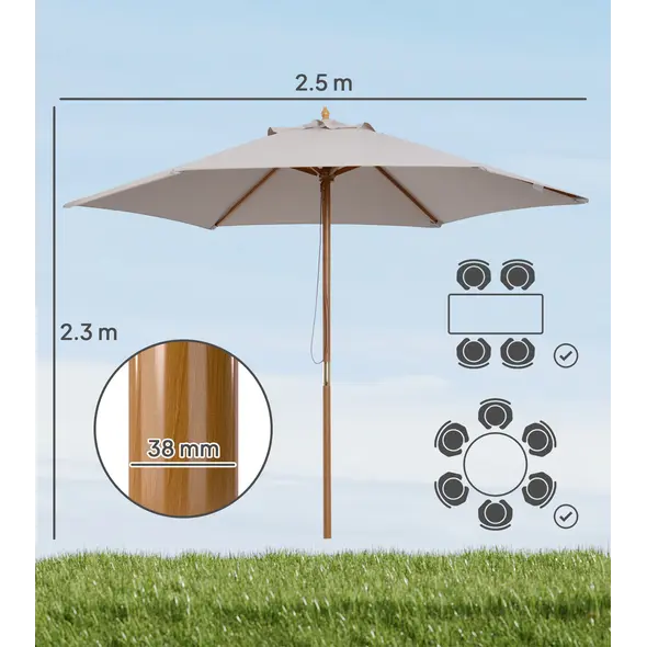Outsunny 2.5m Wood Garden Parasol Sun Shade Patio Outdoor Wooden Umbrella Canopy, Table Market Umbrella with Vent, 38mm Pole, Rope Pulley Mechanism, Grey - 3