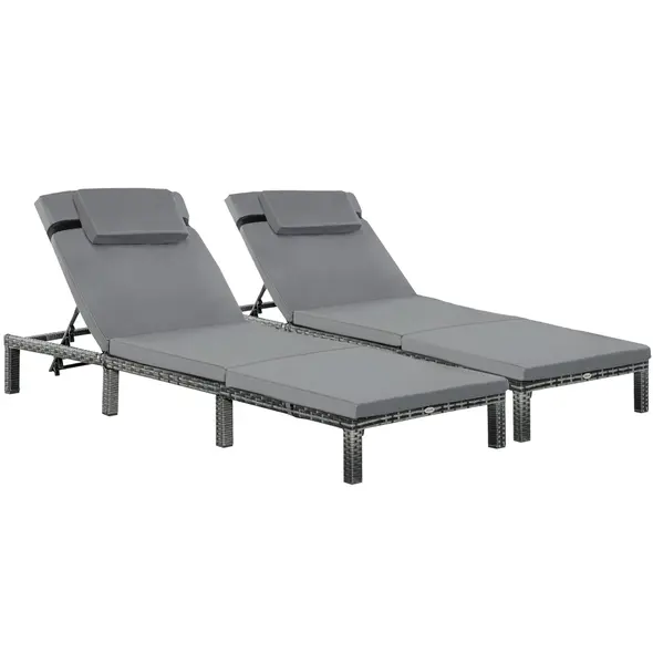 Outsunny 2 Pieces Outdoor PE Rattan Sun Loungers set of 2 with Cushion, Garden Wicker Sunbed Furniture with 5 - Level Recliner Backrest, Grey - 1