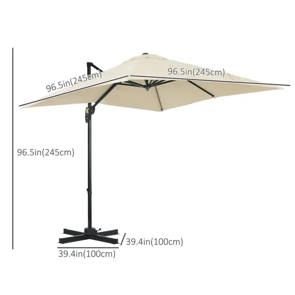 Outsunny 2.5 x 2.5m Patio Offset Parasol Umbrella Cantilever Hanging Aluminium Sun Shade Canopy Shelter 360° Rotation with Crank Handle and Cross Base, Cream White - 3
