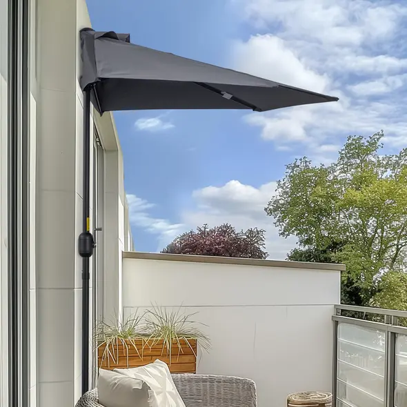 Outsunny 2.7m Garden Half Parasol, Outdoor Balcony Umbrella with 5 Steel Ribs, Patio Sun Shade, Grey - 2
