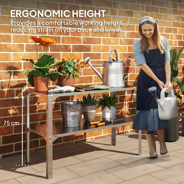 Outsunny 2 Tier Potting Bench Table, Galvanised Steel Garden Planting Work Bench Workstation with Storage Shelf for Outdoor, Patio, Greenhouse, 110 x 50 x 75 cm, Silver Tone - 6