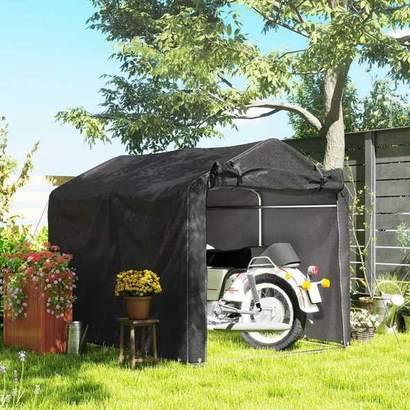 Outsunny 2.2 x 1.6 m Garden Storage Tent, Waterproof Anti-UV Bike Tent with Roll-up Zipper Door, Galvanised Outdoor Storage Shelter Carport for Bike, Motorbike, Garden Tools, Black - 2