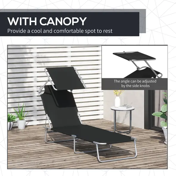 Outsunny 2 Pieces Outdoor Foldable Sun Lounger, 4 Level Adjustable Backrest Reclining Sun Lounger Chair with Angle Adjust Sun Shade Awning for Beach, Garden, Patio, Black - 6
