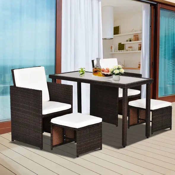 Outsunny 2 Seater Rattan Cube Garden Furniture Set, Rattan Dining Set with Cushions, Outdoor Dining Table and Chairs with 2 Armchairs, 2 Stools, Rectangular Glass Top Table for Patio, Balcony, Brown - 2