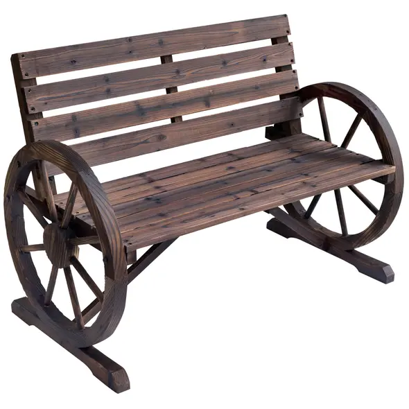 Outsunny 2 Seater Garden Bench with Wooden Cart Wagon Wheel Rustic High Back Brown - 1