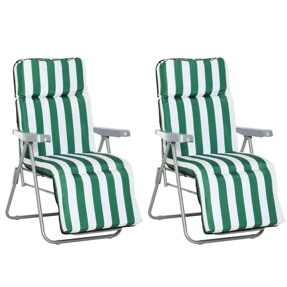 Outsunny 2 Pieces Outdoor Sun Lounger Set with Cushions, Patio Folding 5-Level   Adjustable Backrest Recliner Chairs Set of 2 with High Backrest and Armrests, Green & White - 1