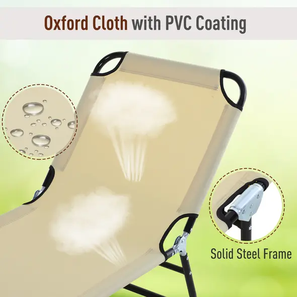 Outsunny 2 Piece Foldable Sun Loungers with 5-Position Adjustable Backrest, Outdoor Portable Recliner Chaise Lounge Chairs with Breathable Mesh Fabric, Beige - 5