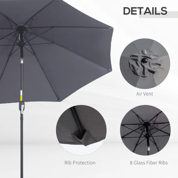 Outsunny 2.7M Garden Parasol Umbrella with Glass Fibre Ribs and Aluminium Frame, Tilting Sun Shade Shelter Canopy, Charcoal Grey - 6