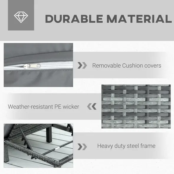 Outsunny 2 Pieces Outdoor PE Rattan Sun Loungers set of 2 with Cushion, Garden Wicker Sunbed Furniture with 5 - Level Recliner Backrest, Grey - 5