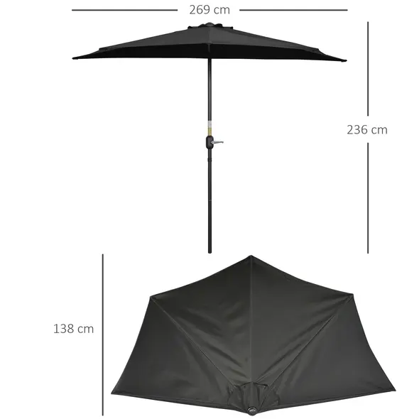Outsunny 2.7m Garden Half Parasol, Outdoor Balcony Umbrella with 5 Steel Ribs, Patio Sun Shade, Black - 3