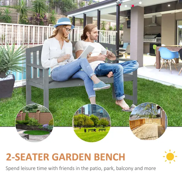 Outsunny 2 Seater Wooden Garden Bench with Armrest, Outdoor Furniture Chair for Park, Balcony, Grey - 4