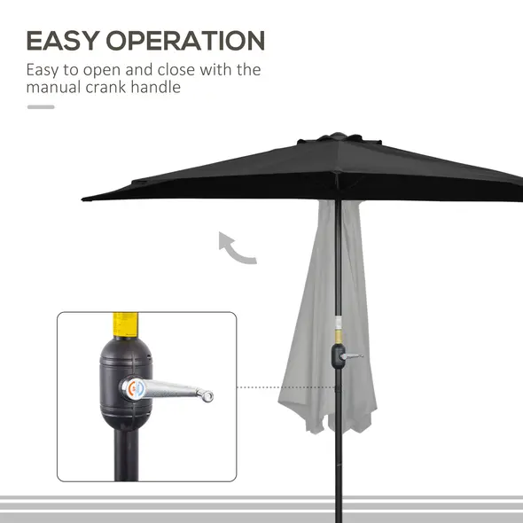 Outsunny 2.7m Garden Half Parasol, Outdoor Balcony Umbrella with 5 Steel Ribs, Patio Sun Shade, Black - 4