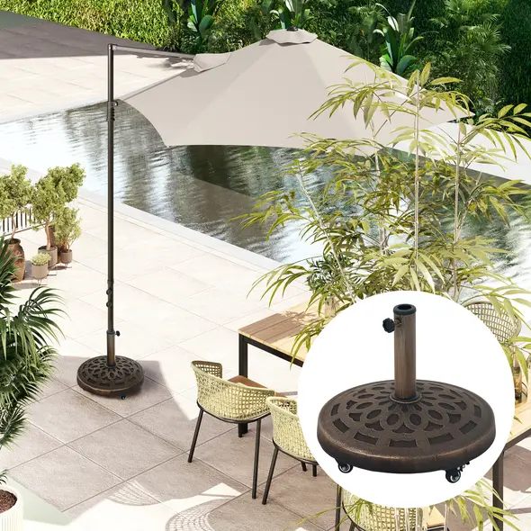 Outsunny 21kg Resin Garden Parasol Base with Wheels, Round Umbrella Stand, Heavy Duty Sun Umbrella Base for 32, 38, 48 mm Umbrella Poles for Deck Poolside, Bronze Tone - 9