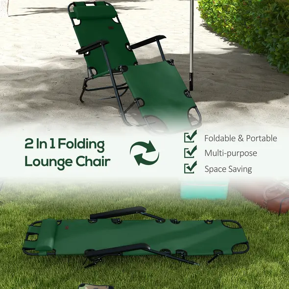 Outsunny 2 Pack 2 in 1 Sun Lounger Folding Reclining Chairs Garden Outdoor Camping Adjustable Back with Pillow, Green - 4