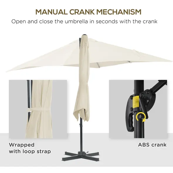 Outsunny 2.5 x 2.5m Patio Offset Parasol Umbrella Cantilever Hanging Aluminium Sun Shade Canopy Shelter 360° Rotation with Crank Handle and Cross Base, Cream White - 6