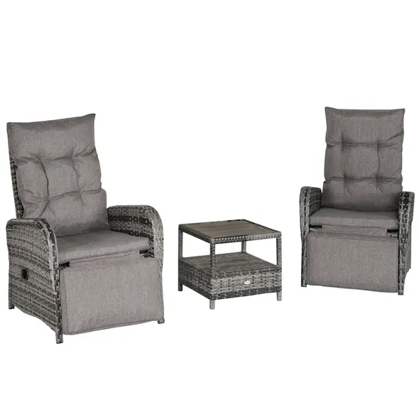 Outsunny 2 Seater Patio Wicker Chaise Lounge Sofa Set with Fabric Cushion, Grey - 1