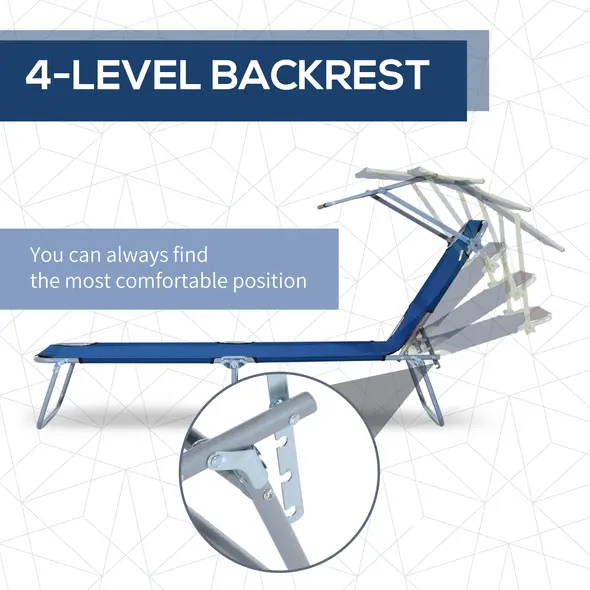 Outsunny 2 Pieces Outdoor Foldable Sun Lounger, 4 Level Adjustable Backrest Reclining Sun Lounger Chair with Angle Adjust Sun Shade Awning for Beach, Garden, Patio, Blue - 5