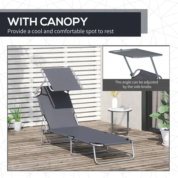 Outsunny 2 Pieces Outdoor Foldable Sun Lounger, 4 Level Adjustable Backrest Reclining Sun Lounger Chair with Angle Adjust Sun Shade Awning for Beach, Garden, Patio, Dark Grey - 6