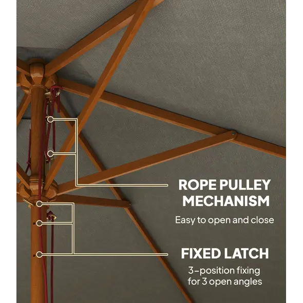 Outsunny 2.5m Wood Garden Parasol Sun Shade Patio Outdoor Wooden Umbrella Canopy, Table Market Umbrella with Vent, 38mm Pole, Rope Pulley Mechanism, Grey - 7