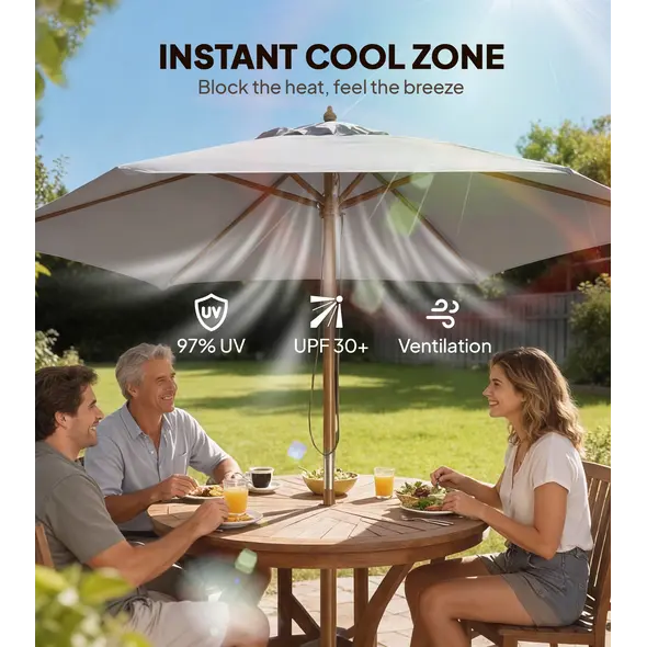 Outsunny 2.5m Wood Garden Parasol Sun Shade Patio Outdoor Wooden Umbrella Canopy, Table Market Umbrella with Vent, 38mm Pole, Rope Pulley Mechanism, Grey - 4