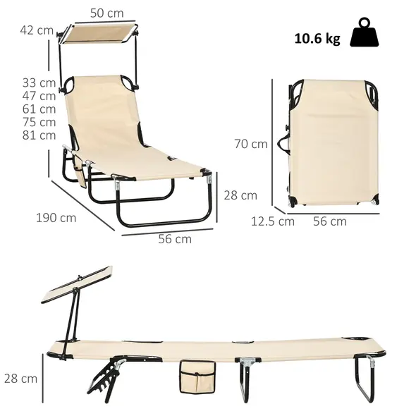 Outsunny 2 Piece Folding Sun Loungers with Canopy, Adjustable Recliner Garden Chairs with Side Pocket, Steel Frame and Breathable Mesh for Outdoor, Pool, Beach, Garden, Tan Brown - 3