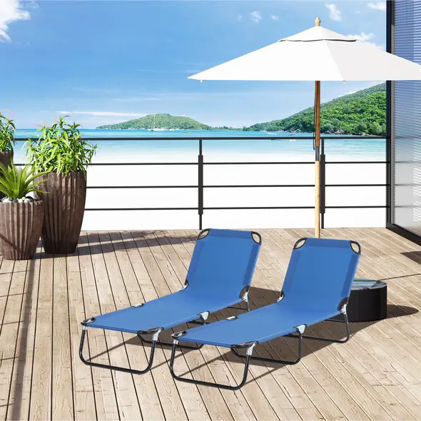 Outsunny 2 Piece Foldable Sun Loungers with 5-Position Adjustable Backrest, Outdoor Portable Recliner Chaise Lounge Chairs with Breathable Mesh Fabric, Blue - 2