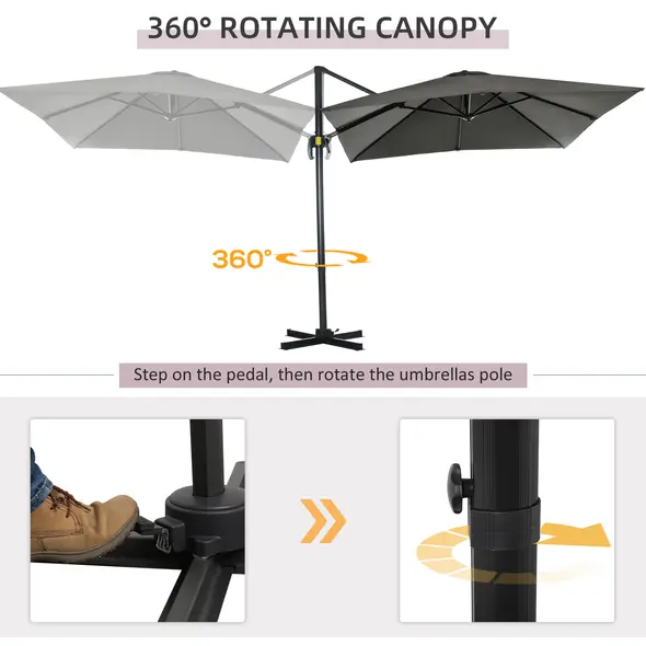 Outsunny 2.5 x 2.5m Patio Offset Parasol Umbrella Cantilever Hanging Aluminium Sun Shade Canopy Shelter 360° Rotation with Crank Handle and Cross Base, Grey - 5