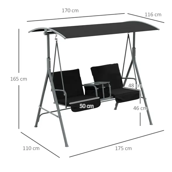 Outsunny 2 Seater Garden Swing Chair Patio Rocking Bench w/ Tilting Canopy, Double Padded Seats, Storage Bag and Tray, Black - 3