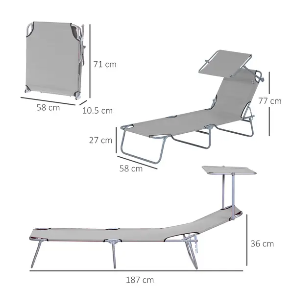 Outsunny 2 Pieces Outdoor Foldable Sun Lounger, 4 Level Adjustable Backrest Reclining Sun Lounger Chair with Angle Adjust Sun Shade Awning for Beach, Garden, Patio, Light Grey - 3