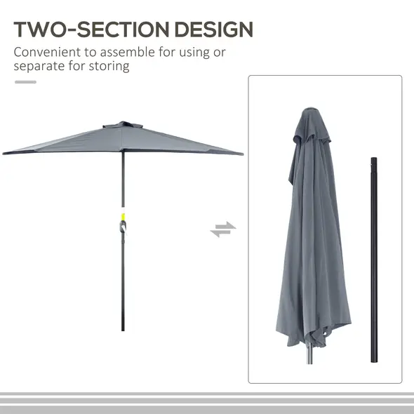 Outsunny 2.7m Garden Half Parasol, Outdoor Balcony Umbrella with 5 Steel Ribs, Patio Sun Shade, Grey - 5