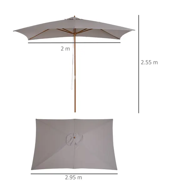 Outsunny 2 x 3m Wooden Garden Parasol Umbrella Outdoor Sun Shade Canopy, Table Market Umbrella with Vent, 38 mm Pole, Rope Pulley Mechanism, Light Grey - 3