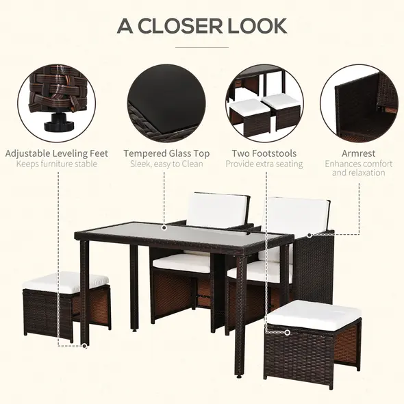 Outsunny 2 Seater Rattan Cube Garden Furniture Set, Rattan Dining Set with Cushions, Outdoor Dining Table and Chairs with 2 Armchairs, 2 Stools, Rectangular Glass Top Table for Patio, Balcony, Brown - 6